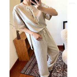 Women's Two Piece Pants Autumn Nordic Minority Linen Texture Drawstring V-neck Top Straight Pleated Trousers Casual Two-piece Set