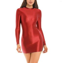 Casual Dresses Bodycon Dress For Sexy Womens Glossy Mini Tube Night Solid Color Smooth Stretchy Mock Neck Tight Y2k Clothes