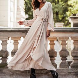 Casual Dresses Women Retro Solid Simple Boho Long Dress Spring Wrap V Neck Tie-up Bealted Party Autumn Sleeve Slit Office Maxi