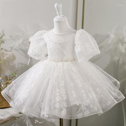 Girl Dresses Temperament Tiered O-neck Design Flower Girls Beading Belt Short Puff Sleeve Simple Pleat Birthday Party Princess Dress