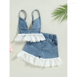 Clothing Sets Kids Baby Girls Summer Outfit 9M-5y Toddler Girl Outfits Lace Patchwork Backless Denim Camisole Tops Elastic Casual Shorts Set