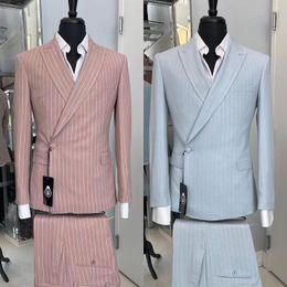 Men's Suits Wedding Suit Pink Double Breasted Stripe Slim Fit Custom Size Elegant Dress Homme Gentleman Costume 2 Piece (Jacket Pants)