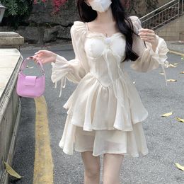 Casual Dresses Fashion Dress Women Summer Gentle Square Neck Apricot Fairy