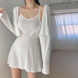 Work Dresses Korean Spring Long Sleeve Cotton Cardigans Spaghetti Strap Mini Dress Pleated Two Piece Set Sexy Streetwear Tracksuit M307