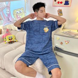 Men's Sleepwear Men Stylish Print Summer Pyjama Sets Striped Cartoon Teen Youth High Quality 2 Pieces Pullover O-Neck Home