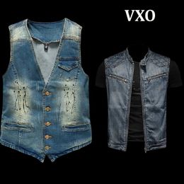 Men's Vests VXO Men Denim Ripped Street Punk Style Hip Hop Jean Waistcoat Cowboy Outwear Sleeveless Jacket 230914