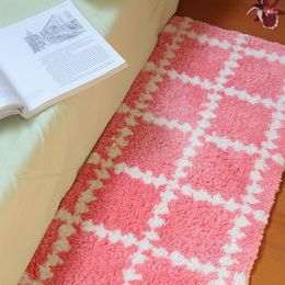 Carpets Pink Tufting Grids Bedroom Mat Long Living Room Carpet Anti Slip Bedside Rug Floor Pad Aesthetic Home Tidy Decor 40x120cm