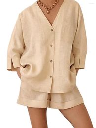 Women's Sleepwear Women Pyjamas Set Button Down Sets Chic 2 Piece Top And Long Sleeve V Neck Shorts For Loungewear