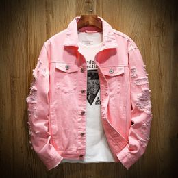 Men's Jackets Denim Jacket Men Ripped Holes Mens Pink Jean Jackets Garment Washed Mens Denim Coat Designer Clothes 230914
