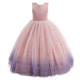 Pretty Princess Pink Gradient Girl Dresses Backless Star Sequins Ball Gown Tulle Buttons Girls Pageant Gown Communion For Wedding Formal Party F04