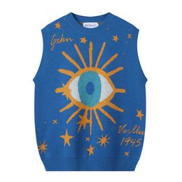 Men Blue Sweater Vest Y2K Hip Hop Knitted Eye Star Pullover Jumper Streetwear 2023 Harajuku Fashion Sleeveless Sweaters Purple