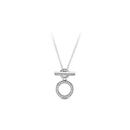 Pan Dora Signature Double Hoop T-Bar Necklace Authentic 925 Sterling Silver With Clear Cubic Zirconia DIY Fine Jewelry Necklace 399039C01-45