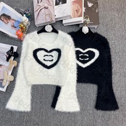 Casual Mink Hair Sweater Women Fashion Print Long Sleeve Tops Crew Neck Knitwear Luxury Jacket