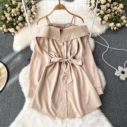 Casual Dresses Korean Spring Autumn Off Shoulder Shirts Dress Chic Deisgn Long Sleeve Ruffles Slim Single Breasted A-line Solid Women