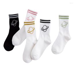 Women Socks 5 Pair Sock Korean Solid Colour Two Bar Striped Cute Comfortable Breathable Cotton Silver On The Tube