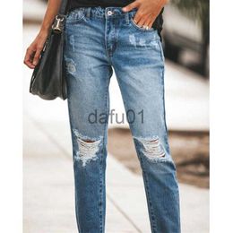 Women's Jeans 2021 Trendy Denim Pants Women Streewear Jeans Cute Distressed Straight Long Pant with Hole Ladies Casual Trousers x0914