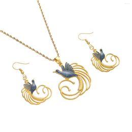 Necklace Earrings Set Ethiopian Vintage Bride Wedding For Women Gold Color Enamel Phoenix Pendants Necklaces African Jewellery