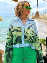 Women's Knits Letter Print Green Sweater For Women Lapel Long Sleeve Single Breasted Cardigan Female 2023 Autumn Fashion Casual Lady
