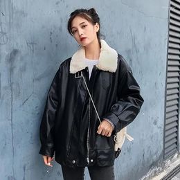 Women's Leather Zoki Autumn Wool Jacket Women Pu Warm Black Faux Fur Coats Oversize Lady Street Outwear Korean Fashion