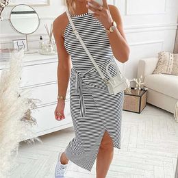 Casual Dresses Stripe Women Dress Elegant Halter Neck Sleeveless Lace Up Black Sundress Summer Midi Vestidos