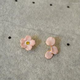 Hoop Earrings Beautiful Romantic Pink Cherry Blossom Season Sweet Handmade Enamel 925 Silver Needle Asymmetric