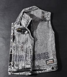 Men's Vests Smoke Grey denim vest for men in spring slim waistcoat over trend embroidered ripped sleeveless jacket 230914