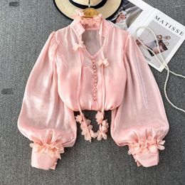 Women's Blouses Vintage Lantern Long Sleeve Vneck Blouse Slim Elegant Korean Fashion Loose Top Sexy Spring Summer Women Shirt