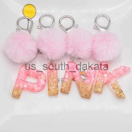 Key Rings Fur Pompom Gold Pink Gradient Letter Keychain English Alphabet Key ring with Plush Ball Glitter Resin Car Handbag Charms Gift x0914