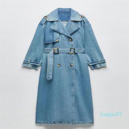 2023-Women's Jackets Denim Trench Coats For Women Belt On Waist Slim Jean Ladies Jaqueta Feminina Blue Jacket Woman