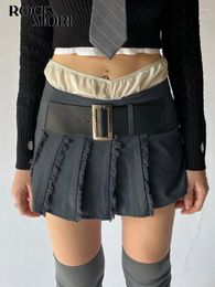 Skirts Rockmore Vintage Belt Patchwork Pleated For Women Y2k Low Waist Harajuku Korean Preppy Japanese Style Mini Summer