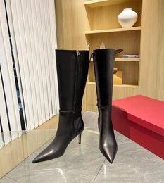Latest women's long boots, slim high heels, pointed side zipper with buckle decoration, cowhide upper, sheepskin lining, genuine leather sole size 34-42
