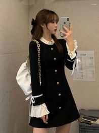 Casual Dresses Deeptown Korean Fashion Black Mini Dress Women Vintage Elegant Chic Lace-up Patchwork Ruffles Long Sleeve Tunic Vestidos