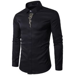 Men's Casual Shirts Black Print Luxury Dress 2021 Men Tuxedo Shirt Slim Fit Wedding Party Prom256f