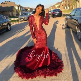 Burgundy Red Mermaid Feather Prom Dresses Sexy Deep V-neck Long sleeve Sequined Velet Long Evening Gowns African Girls Party Robes268q