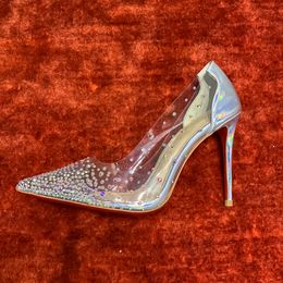 Sequin sexy rhine-pointed leather stiletto heels for women Transparent red sexy single shoes senior sense spring and autumn office shoes Sizes 35-42 +box