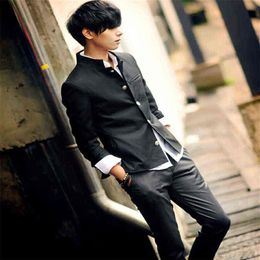 Men Black Slim Tunic Jacket Single Breasted Blazer Japanese School Uniform College Coat 211111342g