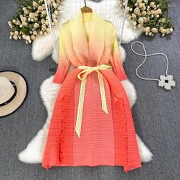 Casual Dresses Retro Gradient Plelated Elegant Lace Up Dress A-line Long Sleeve V-neck High Waist Women Summer