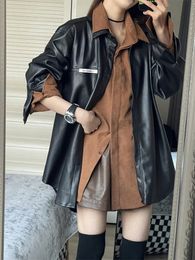 Womens Jackets Korean Black PU Leather Jacket Women Autumn Retro Street Solid Colour Fashion Loose Casual Midlength 230914