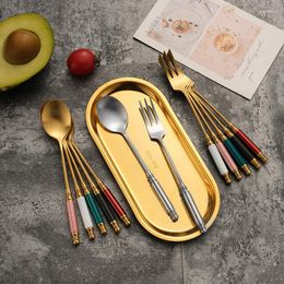 Dinnerware Sets 1pcs Gold-plated Ceramic Retro Small Handle Spoon Stainless Steel Dessert Coffee Milk Stirring Teaspoon Kitchen Tableware