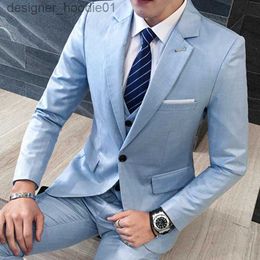 Men's Suits Blazers Fashionable One Button Light Blue Groom Tuxedos Notch Lapel Men Wedding Party Groomsmen 3 pieces Suits (Jacket+Pants+Vest+Tie) K209 L230914