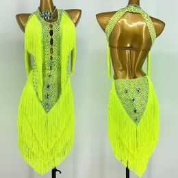 Stage Wear Fluorescence Color Latin Dance Dress Women Sexy Backless Fringe Competition Cha Rumba Costume Rhinestone BL8054