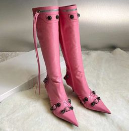 Women's dermis stiletto Knee length boots tassel pointed locomotive stud buckle embellished side zip Luxury designer factory footwear 2023
