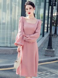 Casual Dresses Harajpee Explosive Dress Autumn 2023 French Square Neck Waist To Show Thin Mid-length Fashion Balloon Sleeve Split