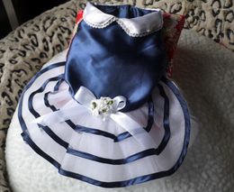 Dog Apparel Pet Dress With Flower Bow Summer Clothes Floral Clothing Puppy Spring Yarn XS-XL Navy