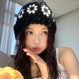 Berets Hollow Flower Hand-knitted Drawstring Women's Caps Spring And Autumn Ins Thin Versatile Show Face Small Japanese Loli Beanies