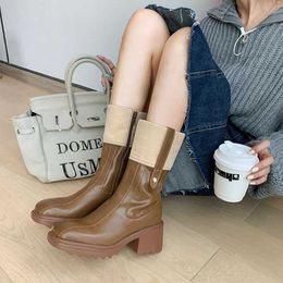 Korean Version Skinny Boots Square Toe High Heels Thick Soles Medium Tube Motorcycle Elegant Commuting Fashion Short 230830