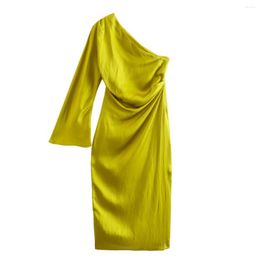 Casual Dresses Women Elegant Yellow Asymmetrical Dress With One Sleeves Lady Summer Midi Exposed Shoulder Long Robe Chic