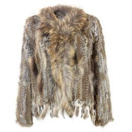 Women's Fur Faux Fur Natural Knitted Rabbit Fur Vest With fox raccoon Fur Collar long sleeve fur coat with tassel Customised fur overcoat large size 230914