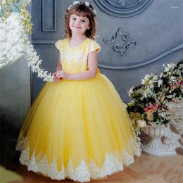 Girl Dresses Yellow Long Flower Tulle White Applique Cap Sleeve Wedding Birthday Party Bow Baby Kids First Communion Ball Gown