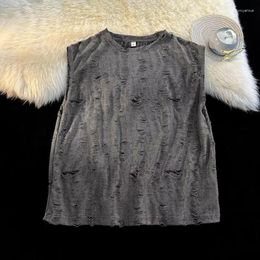 Men's T Shirts Summer Distressed Knitted Sleeveless Shrug Men Vest Sports Fashion Hip Hop Ripped Oversized Casual Hole Streetwear